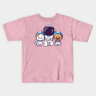 Cute Astronaut With Cat And Pug Dog Cartoon Kids T-Shirt